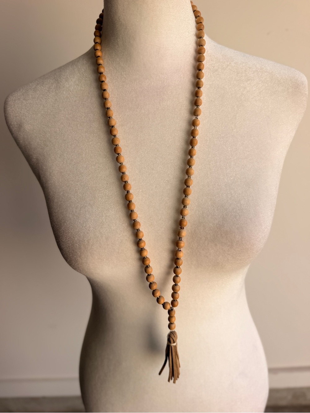 Wood Neutral Brown Beaded Tassel Necklace - Women Jewelry